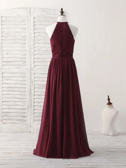 Simple A-Line Burgundy Chiffon Long Prom Dress Halterneck Evening Dress