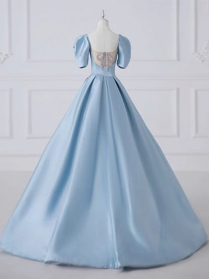 A-Line Princess Satin Blue Long Prom Dress Quinceanera Dress