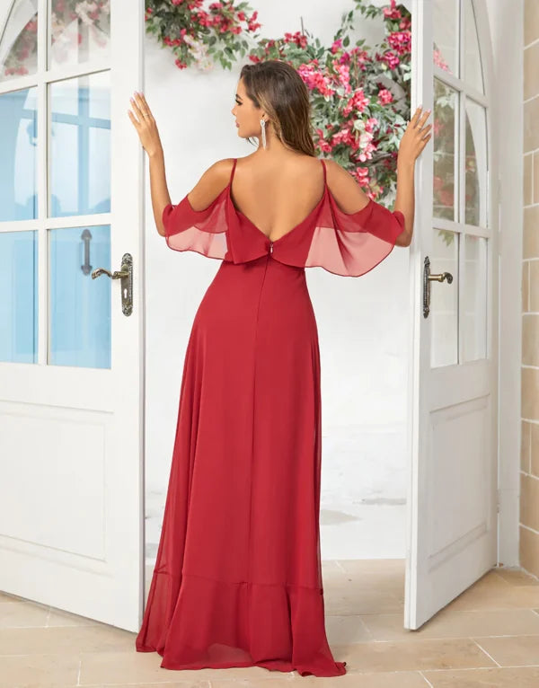 A Line Off the Shoulder Burgundy Long with Ruffles Bridesmaid Dress