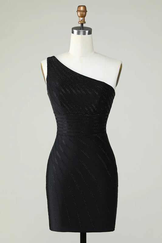 Black Sheath One Shoulder Homecoming Dress with Beading