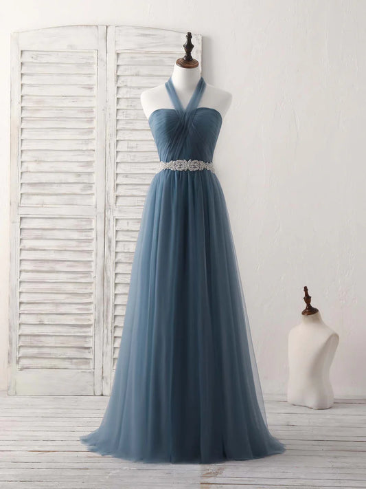 A-Line Gray Blue Tulle Long Bridesmaid Dress Floor-length Beading Prom Dress