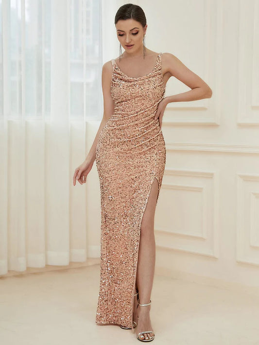 Sequin Ruched Thigh High Slit Floor Length Evening Dress