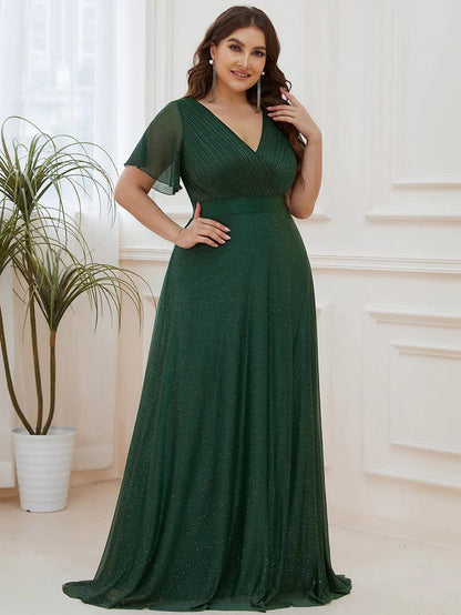 Long Shimmery Flutter Sleeve Pleated V-Neck Evening Dress