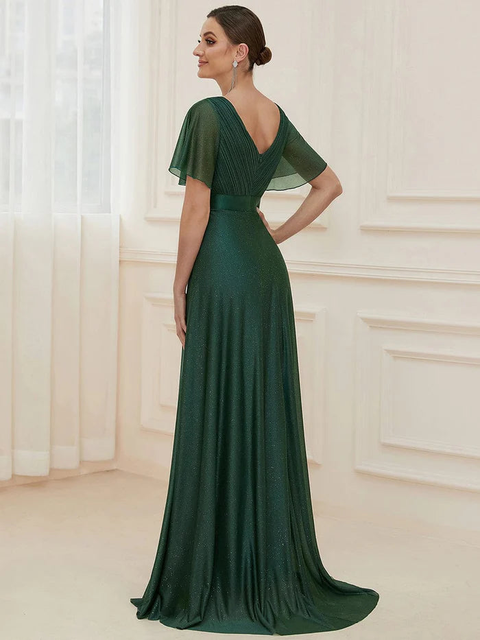 Long Shimmery Flutter Sleeve Pleated V-Neck Evening Dress