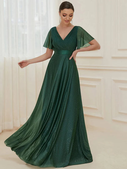 Long Shimmery Flutter Sleeve Pleated V-Neck Evening Dress