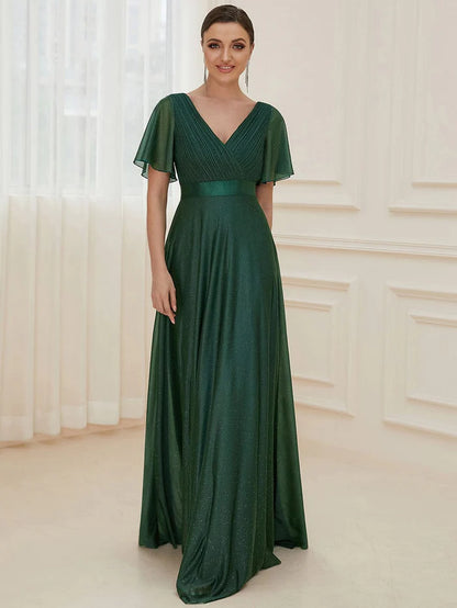 Long Shimmery Flutter Sleeve Pleated V-Neck Evening Dress