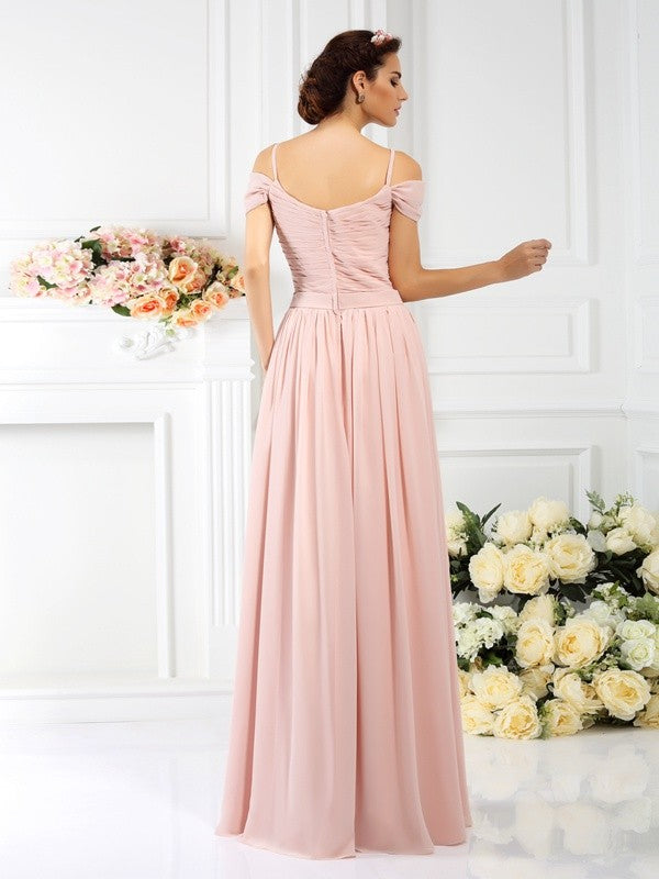 A-Line/Princess Spaghetti Straps Pleats Sleeveless Long Chiffon Bridesmaid Dresses