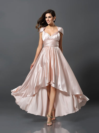 Sheath/Column Sleeveless High Low Silk like Satin Convertible Bridesmaid Dresses