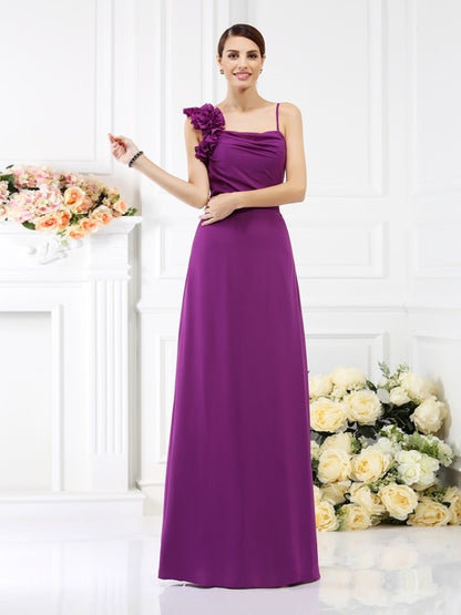 Sheath/Column Spaghetti Straps Hand-Made Flower Sleeveless Long Chiffon Bridesmaid Dresses