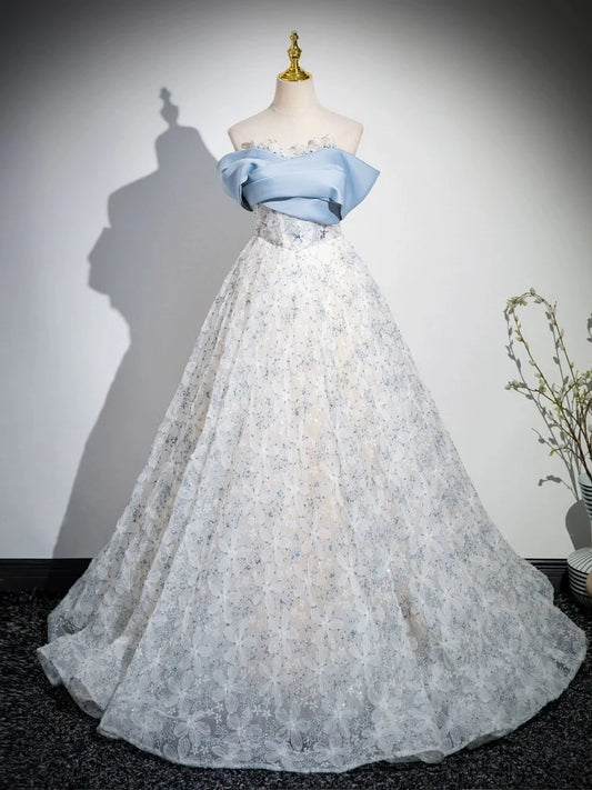 A-Line Off Shoulder Tulle Lace Blue Long Prom Dress Quinceanera Dress