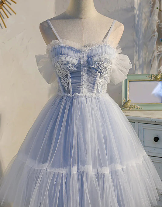 A Line Tulle Blue Off The Shoulder Cute Homecoming Dress with Pleated