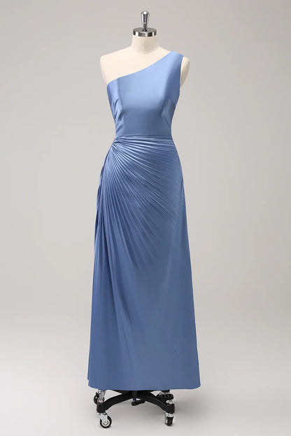 Blue One Shoulder Satin Keyhole Long Bridsmaid Dress Wedding Guest Party Dress