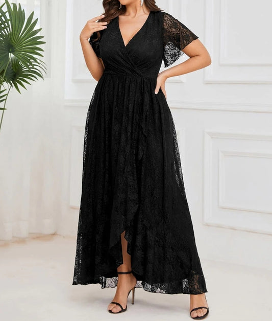 A-Line V-Neck Mother Of The Bride Dresses Plus Size Short Sleeve Ruffled Lace Formal Evening Dress