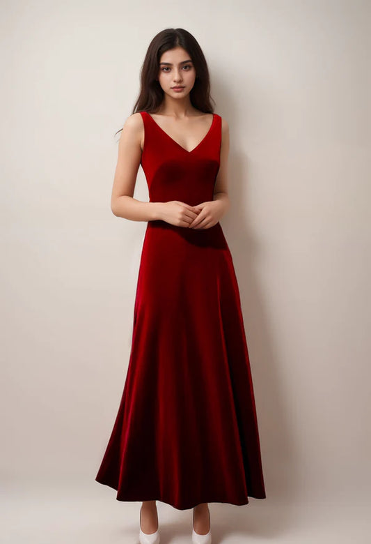 Elegant V-neck low back Sleeveless Hepburn Style long Velvet Dress