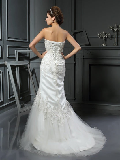 Trumpet/Mermaid Straps Applique Sleeveless Long Satin Wedding Dresses