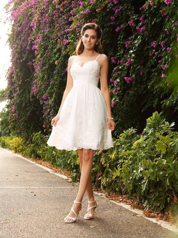 A-Line/Princess Spaghetti Straps Applique Sleeveless Short Lace Wedding Dresses