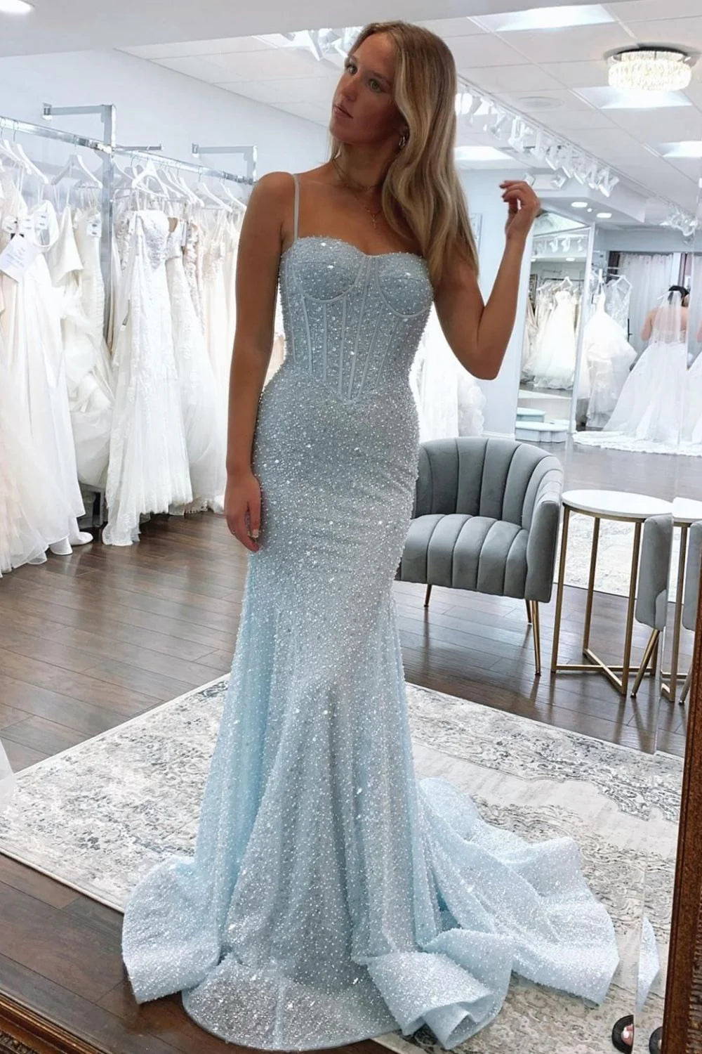 Light Blue Mermaid Spaghetti Straps Long Beaded Prom Dress – Koutun Dress
