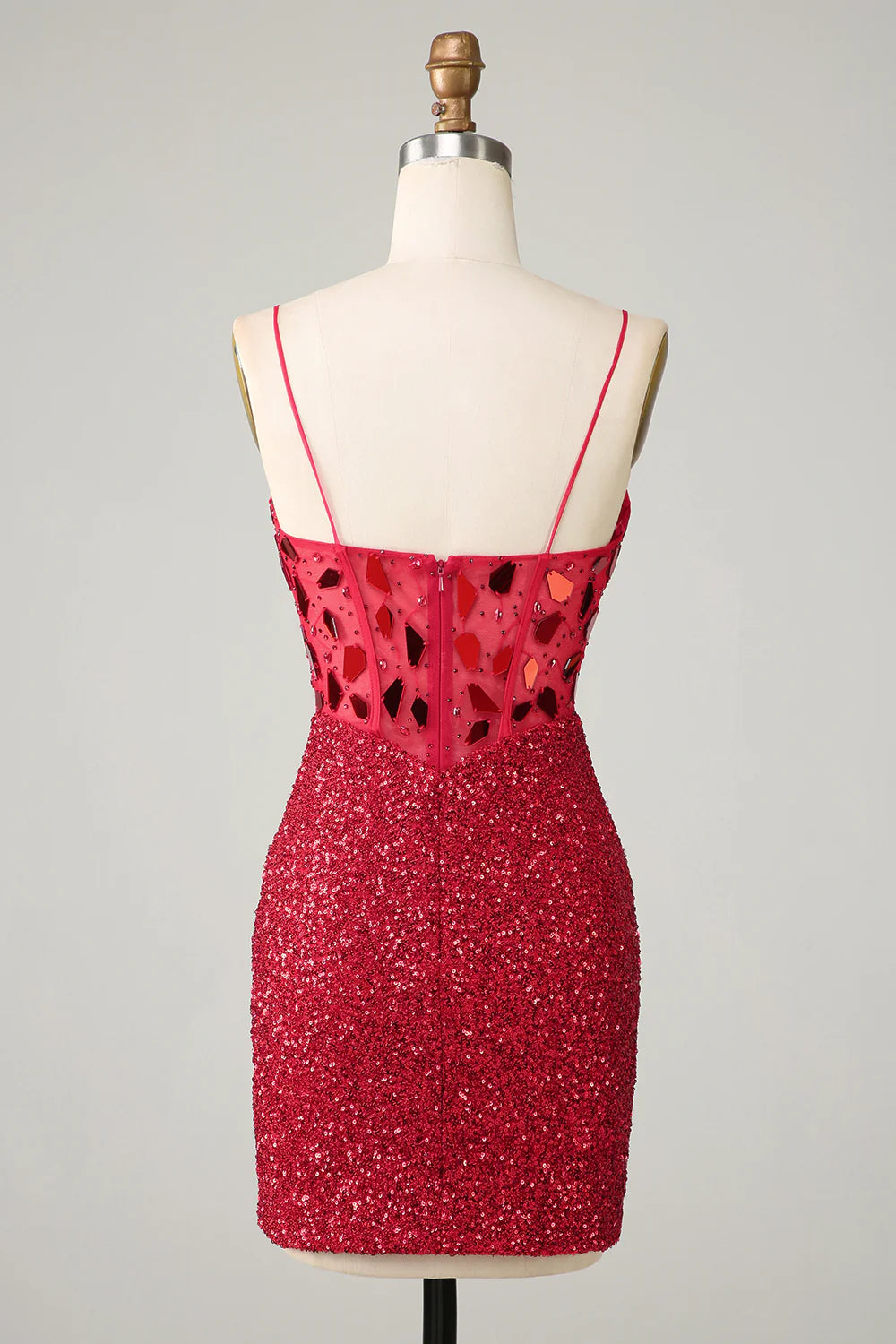 Red Tight Corset Sequin Mirror Homecoming Dress with Slit