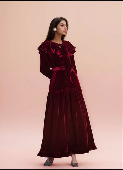 Vintage Ruffled Long sleeves boat Neck bow tie A-line Velvet Dress