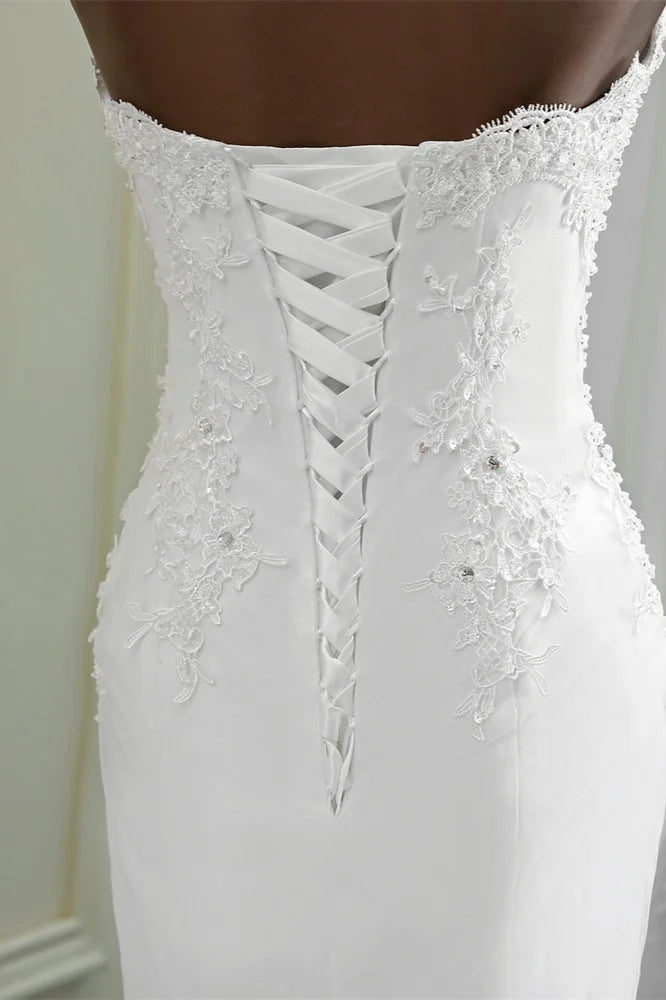 Strapless Lace Appliques Bride Gown Long Mermaid Wedding Gown With Beadings