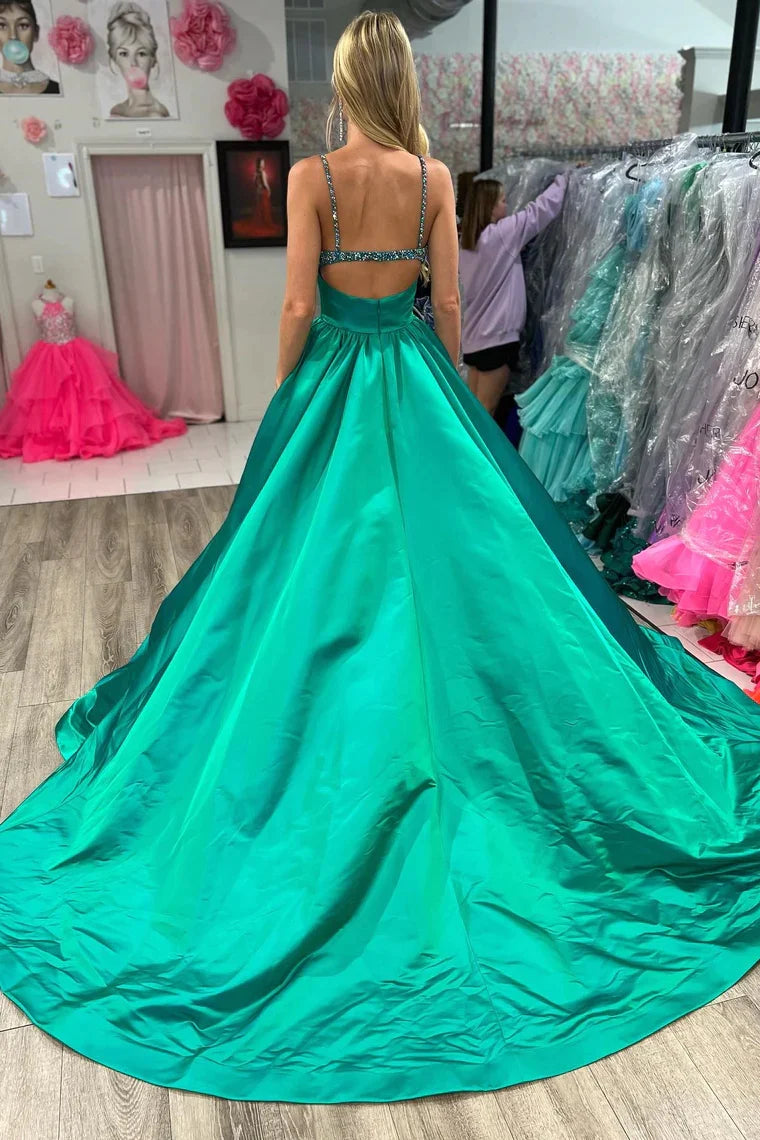 Emerald Beaded V-Neck A-Line Long Prom Dress with Slit