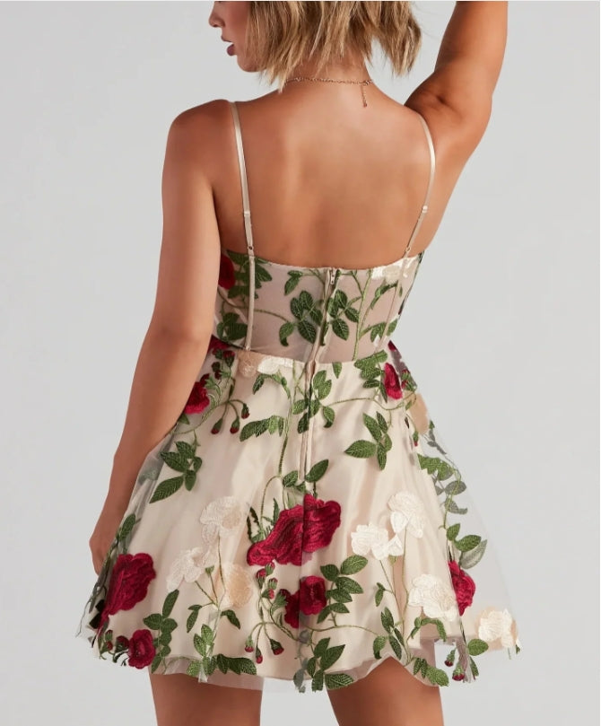 Cute A-Line Floral Bustier Party Dress Mini Dress Homecoming Dress