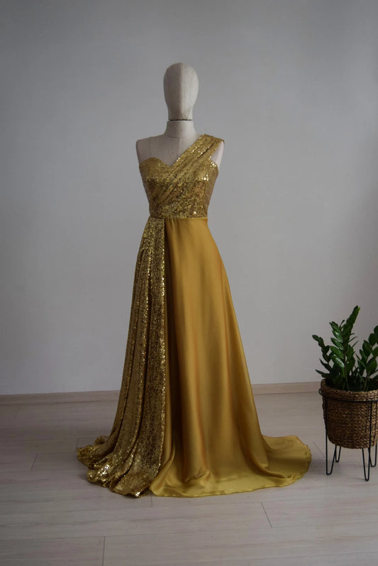 Silk Chiffon Gold Sequin Floor Length Sequin Wedding Party Maid Of Honor Mother Of Bride Dress