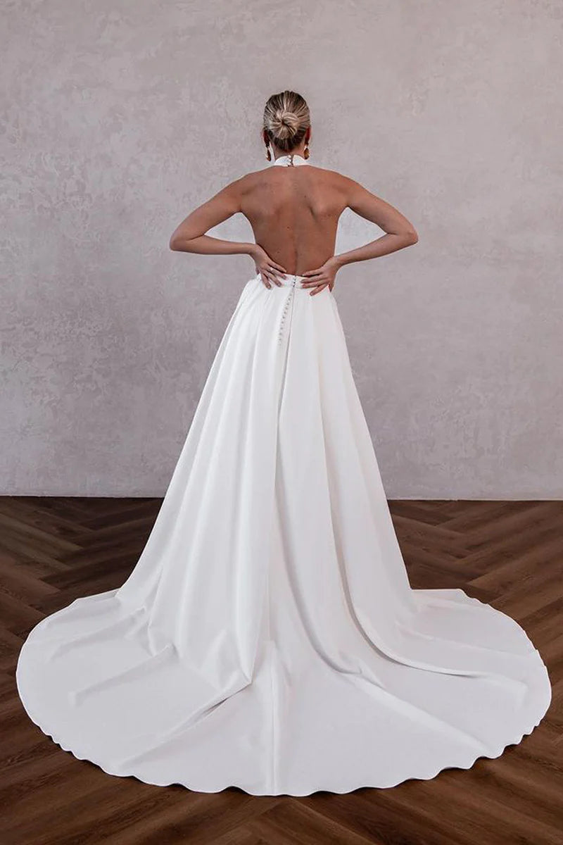 White Satin Halter Wedding Dresses with Detachable Train