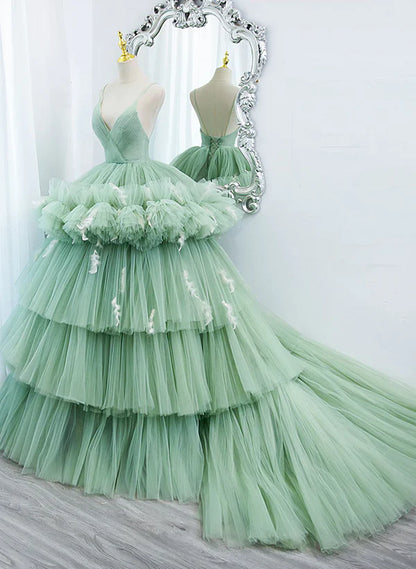 Light Green Tulle Layers Low Back Prom Dress Sweet 16 Dress Quinceanera Dress