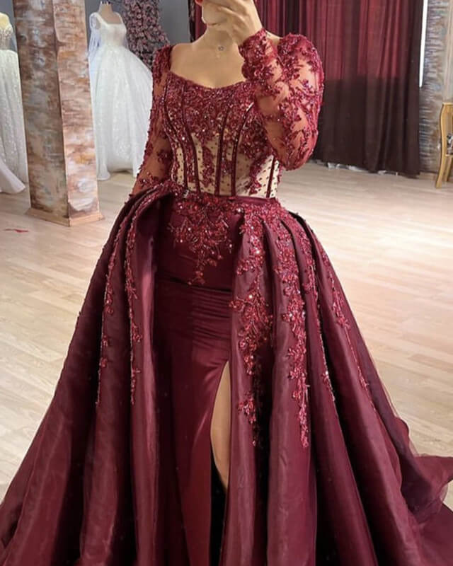 Burgundy Mermaid Sheer Lace Sleeve Satin Split Dress Ballgown Prom Dresses