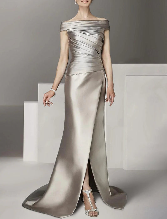 A-Line  Scoop Neck Off Shoulder Floor Length Satin Cap Sleeve with Ruching Mother of the Bride Dress