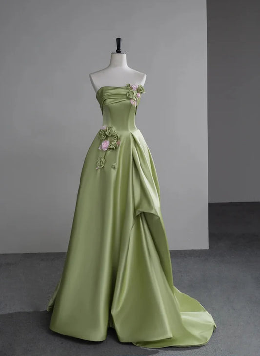 Green A-line Ballgown Satin with Flowers Long Evening Dress Satin Prom Dress