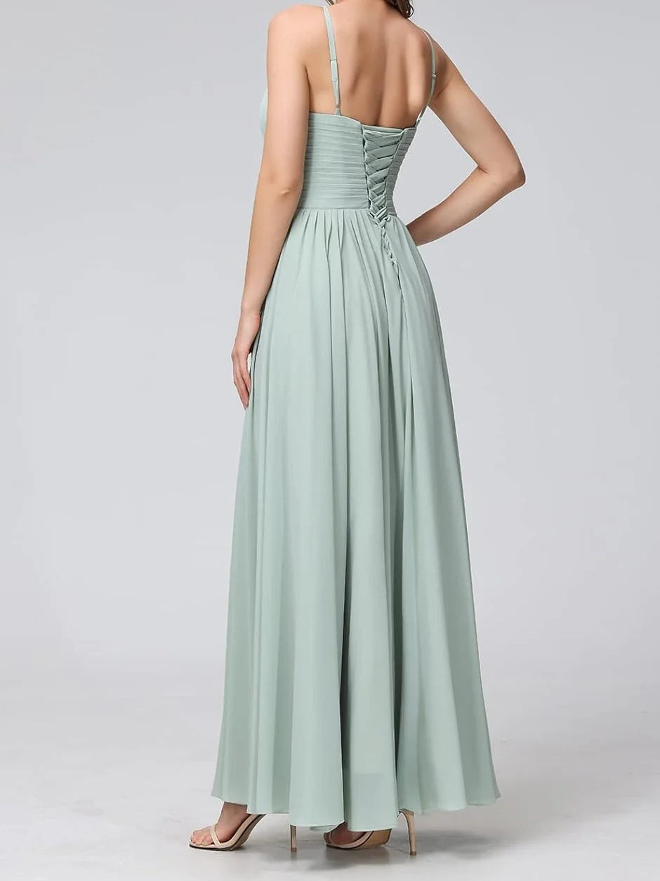 A Line Spaghetti Straps Halter Sleeveless Floor-Length Bridesmaid Dresses