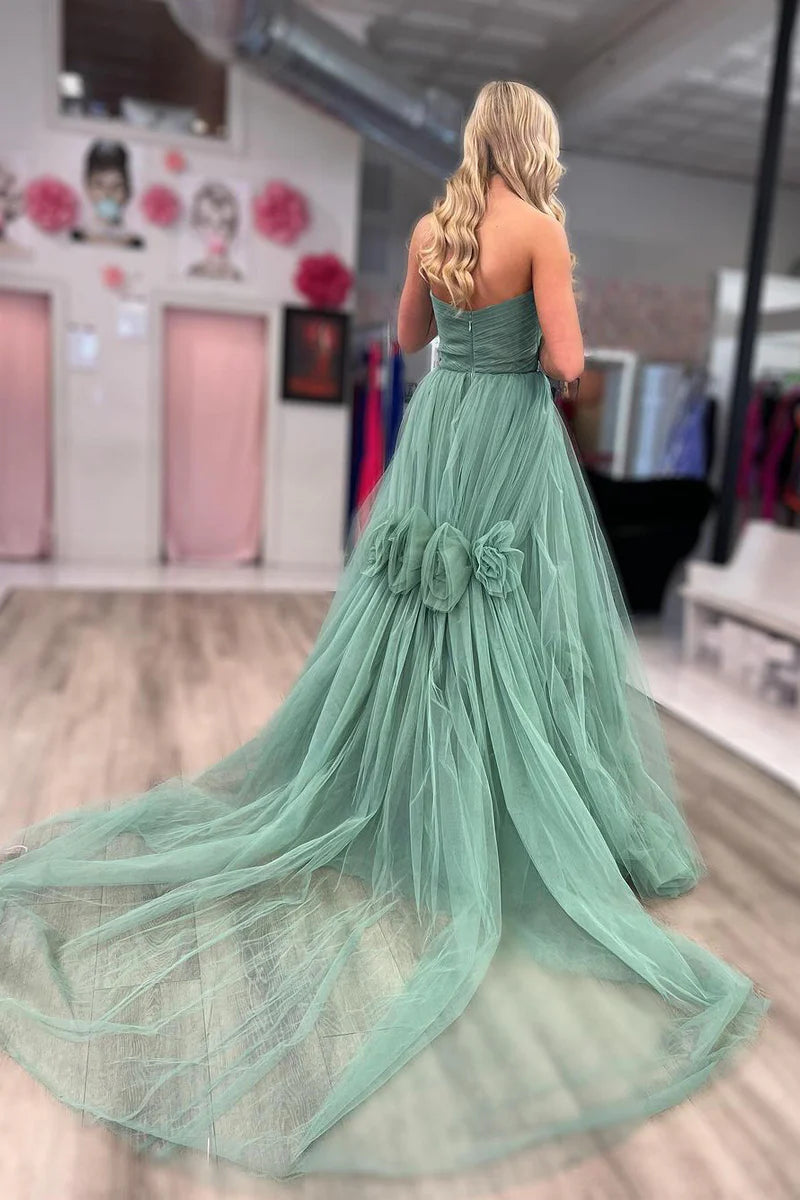 Green Strapless A-Line Tulle Long Prom Dresses