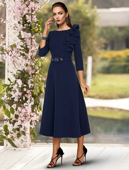 A-Line Jewel Neck Tea Length Mother of the Bride Dress Wedding Guest Dress 3/4 Length Sleeve with Sash / Ribbon Side Draping