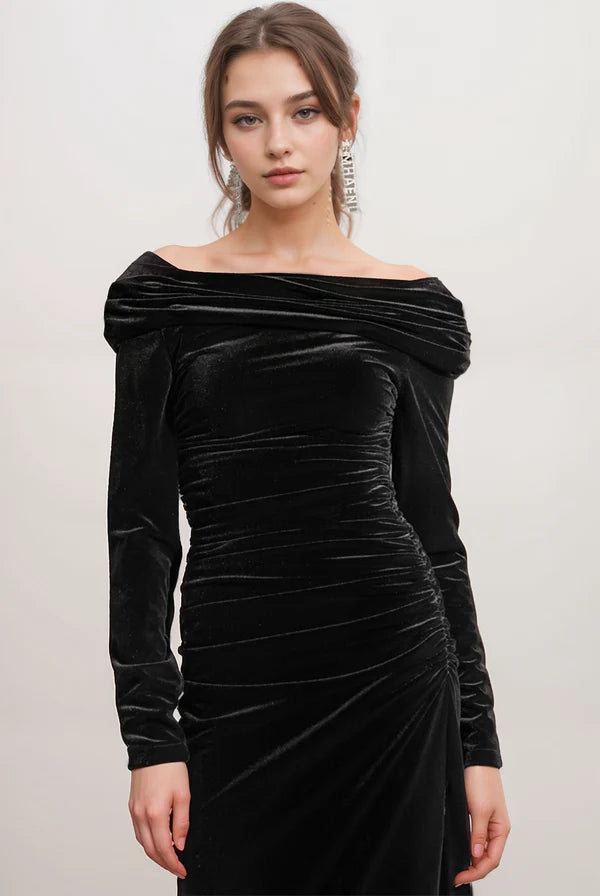 Elegant Off the Shoulder long sleeves Side Slit Sheath Velvet dress