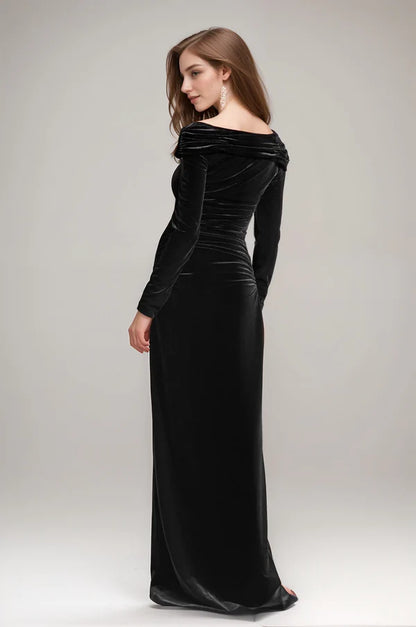 Elegant Off the Shoulder long sleeves Side Slit Sheath Velvet dress