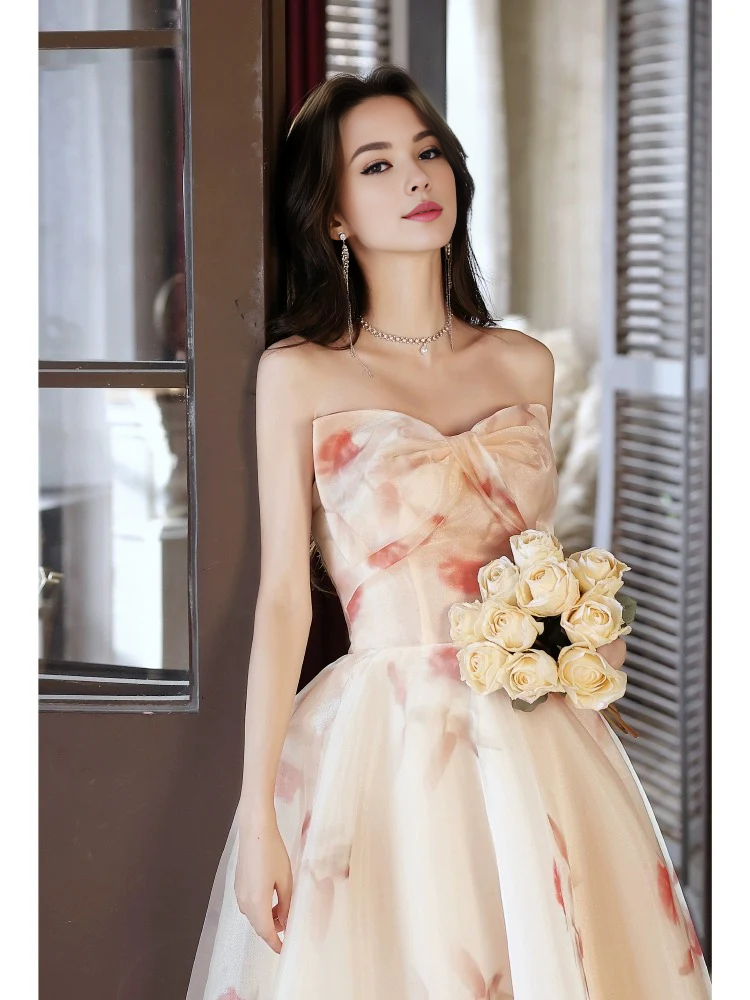 A-Line Champagne Long Prom Dress Tulle Floral Print Dress