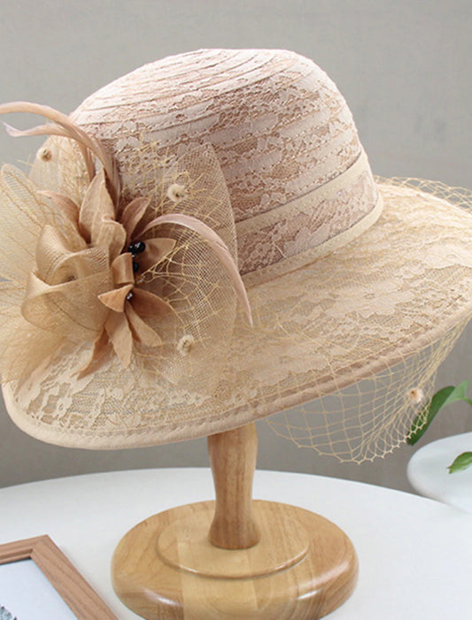 Hats Headwear Tulle Bucket Straw Hat Ladies Day Vintage Style Elegant Lace With Feather Lace Headpiece Headwear