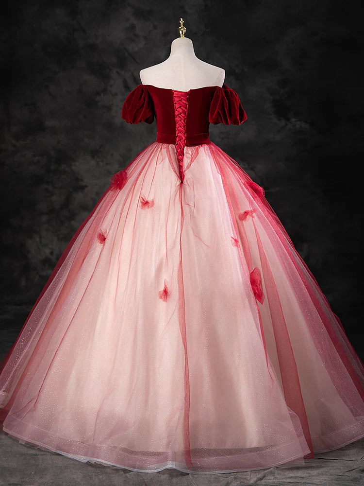 Burgundy A-Line Tulle Long Prom Dress Formal Dress Ballgown Quinceanera Dress