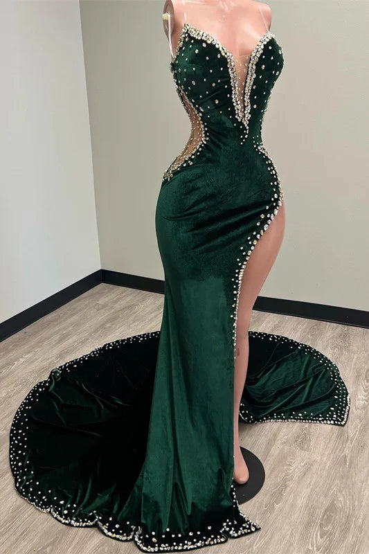 Sweetheart Dark Green Prom Dress Velvet Mermaid Slit Beads with Sweep Train