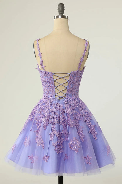 A Line Tulle V-Neck Spaghetti Straps Purple Short Homecoming Dress