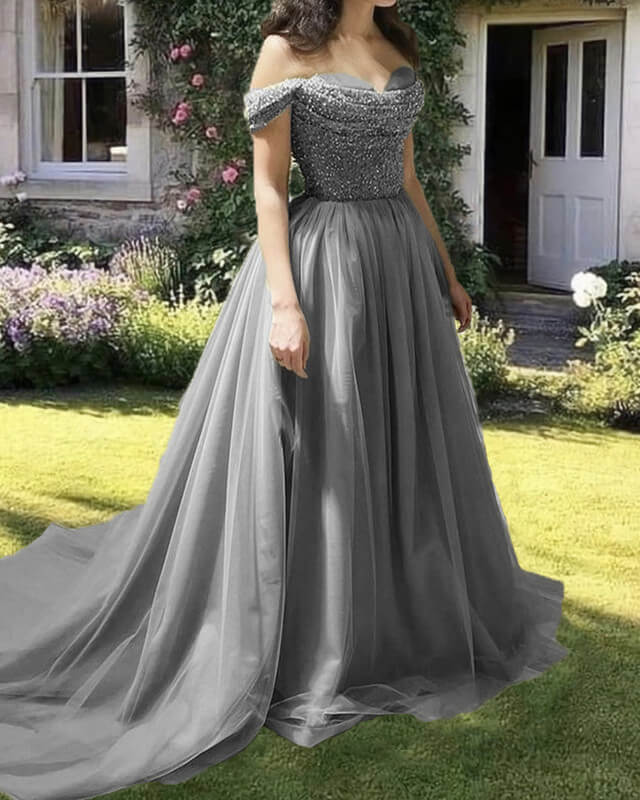 Flowy Tulle Off Shoulder Beaded Cowl Neck Dress Ballgown Prom Dresses