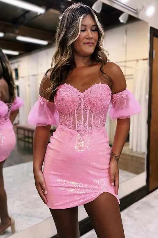 Sparkly Pink Corset Detachable Short Sleeves Sequins Tight Short Homecoming Dress with Lace