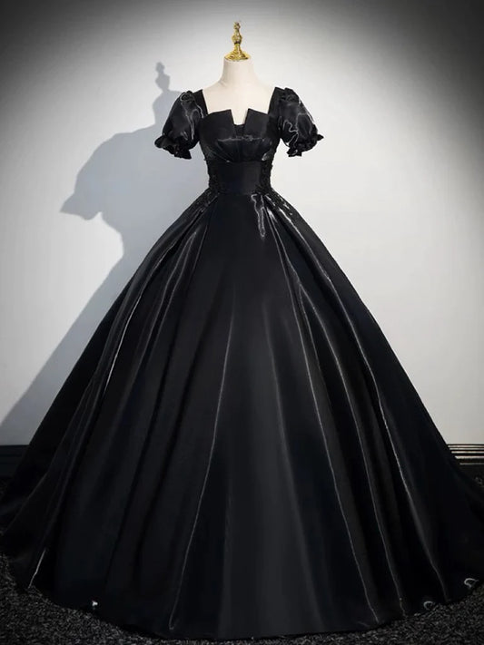 A-Line Satin Black Long Prom Dress Quinceanera Dress