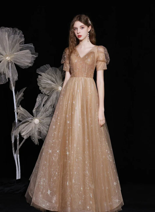 Champagne A-line V-neckline Tulle Short Sleeves Party Dress Long Prom Dress