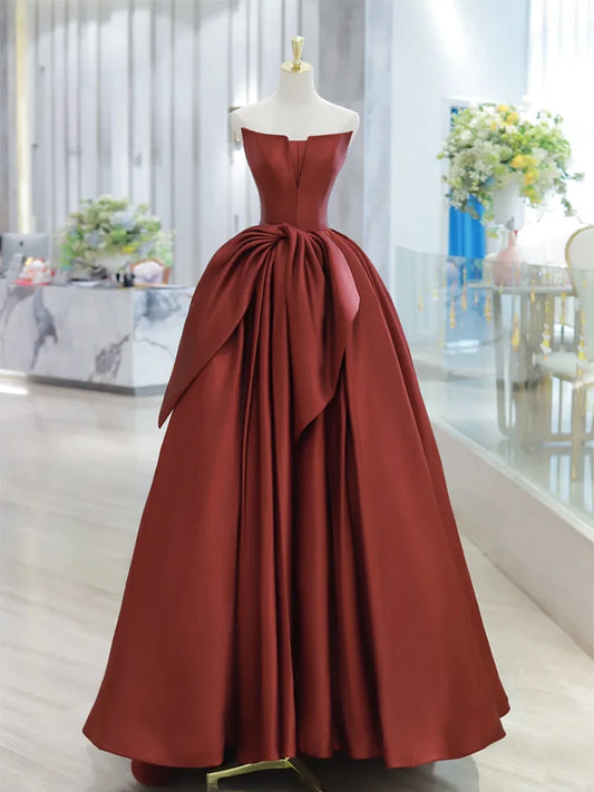 A-Line Satin Burgundy Long Strapless Prom Dress Ball Gown