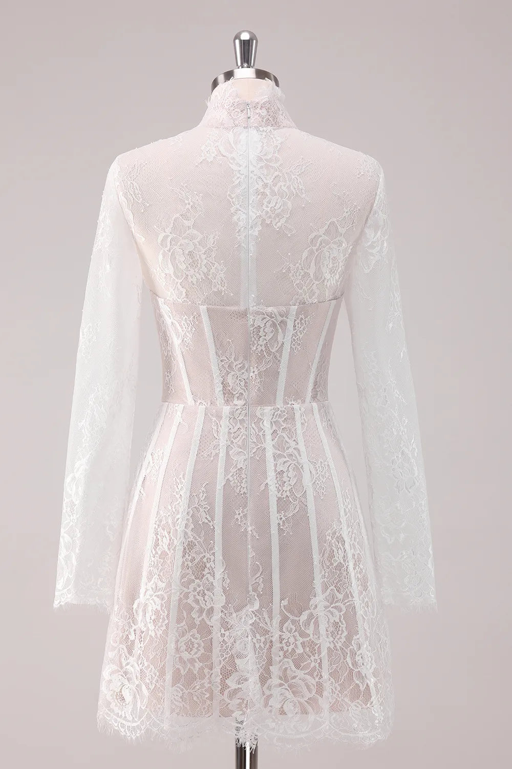 A-Line White Lace High Neck Long Sleeves Short Homecoming Dress