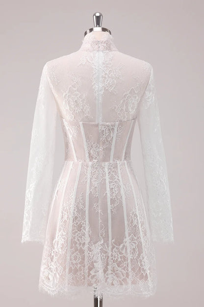 A-Line White Lace High Neck Long Sleeves Short Homecoming Dress