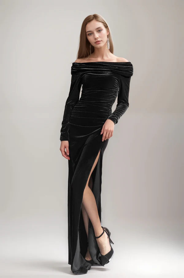 Elegant Off the Shoulder long sleeves Side Slit Sheath Velvet dress